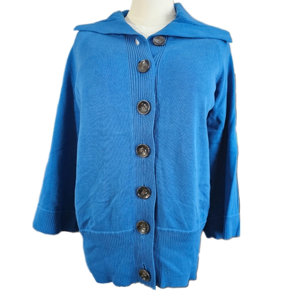 Style&co. Woman 3/4 Sleeve Blue Button-Up Collard Vibrant Blue Sweater 1X
